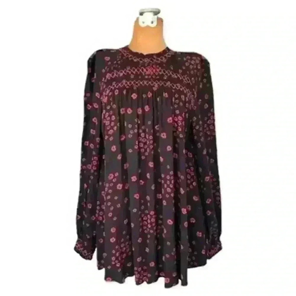 Free People XS Smocked Tunic Mini Dress Black Floral Boho WhimsyGoth Babydoll - Picture 4 of 15
